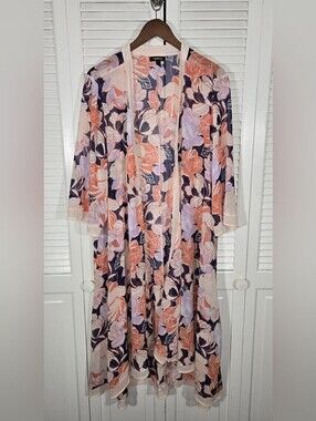 Torrid Chiffon Floral Hi Lo Semi Sheer Floral Open Front Kimono Sz 1